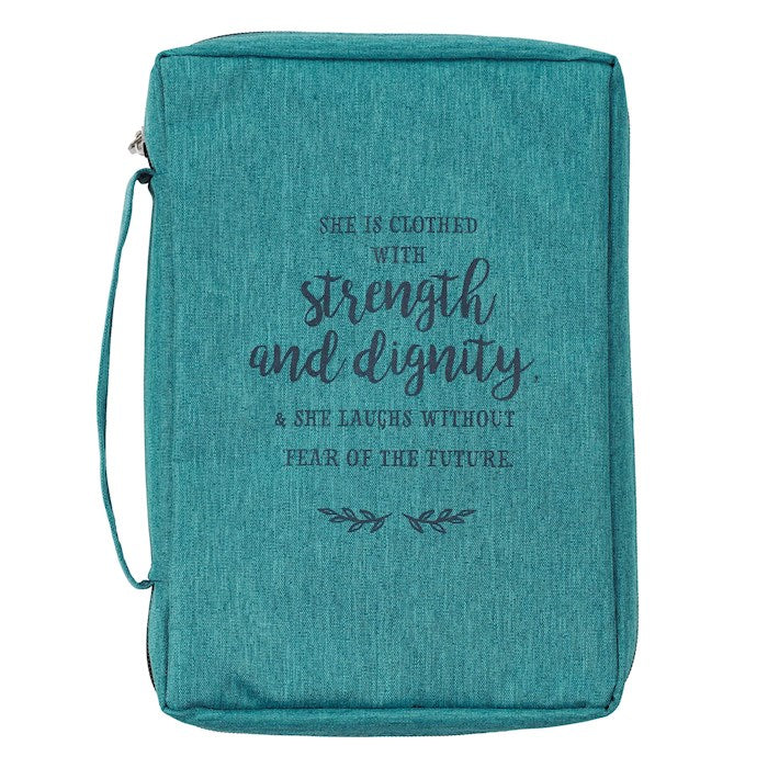 Click to see full view Christian Art Gifts Men/Women's Bible Cover Strength & Dignity Proverbs 31:25, Teal Canvas, Medium