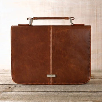 biblia reina valera - Leather-look Bible Cover with Handle, Faith Badge, Brown, Large - Floresta Store