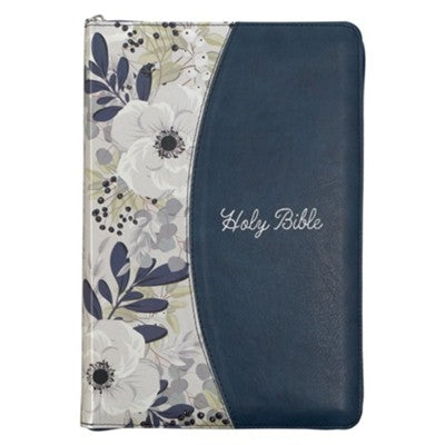 KJV Large-Print Thinline Bible--soft leather-look, blue/printed floral with zipper