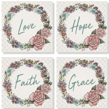 libreria cristiana - Coasters, Floral Words, Square, Set of 4 - Floresta Store