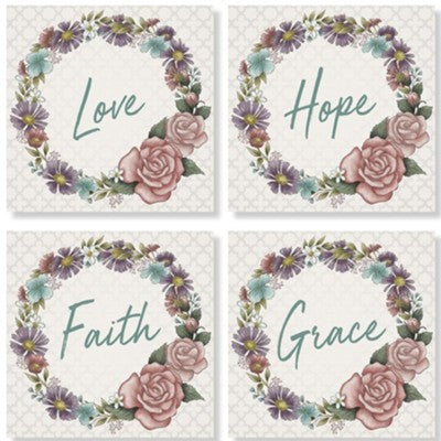 Coasters, Floral Words, Square, Set of 4